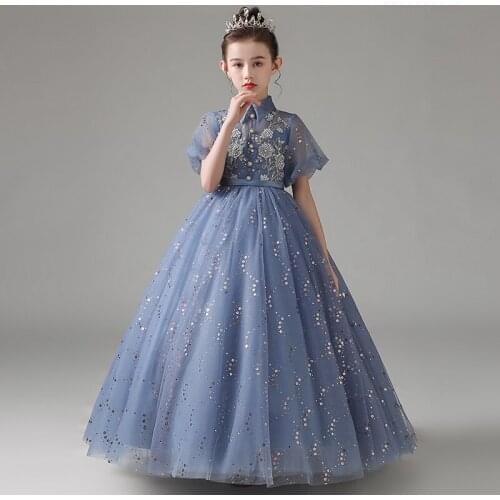 Flower Girl Dresses Appliques Princess Lace Sequined Beading Pearls Embroidery Luxury Ball Gown Short Tulle Kid Party Skirt H097