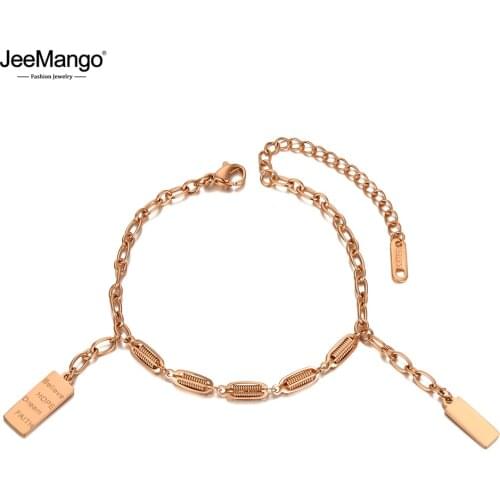 JeeMango Titanium Stainless Steel Bohemia Beach Chain Link Bracelets For Women Trendy Rectangle Geometric Charm Bracelet JB20130