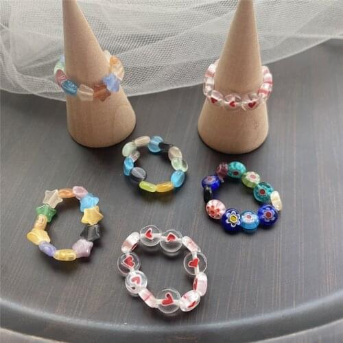 Korea Trendy Sweet Aesthetic Colorful Love Pentagram Flower Transparent Resin Beaded Rings For Women Girls Jewelry Accessories