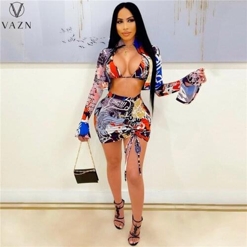VAZN 2021 Women Fashion Hot Sale Sexy Beach Style Sets Long Outwear Short Top Short Skirt Sexy Bikini Three Piece Sets