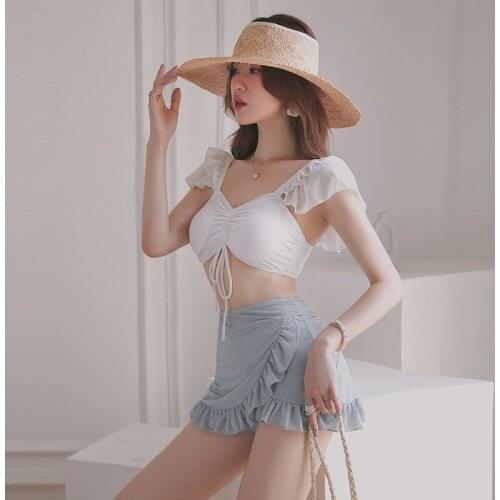 Korean Version Of The New Short Top Elastic Drawstring Bow Tie Contrast Color Tight Sexy High Waist Ruffled Skirt Bikini Swims