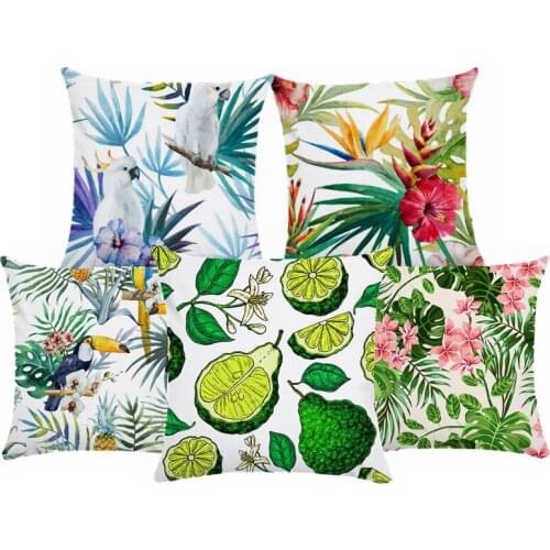 Short Plush Tropical Green Plant Leaves Flower Super Soft Cover Pillow Case