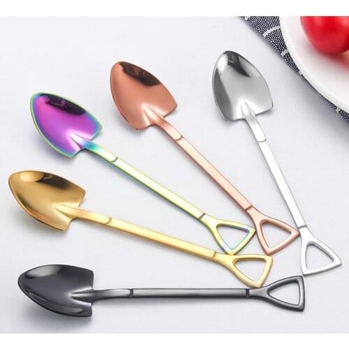 Creative Stainless Steel Shovel Shaped Spoon Fork Colorful Rose Gold Tableware Long Handle Coffee Spoon Teaspoon Stirring Spoon