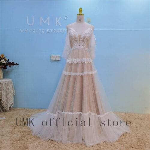 UMK Bohemia Lace Wedding Dress Spaghetti Straps Tulle Appliques Cap Sleeve A-Line Boho Bridal Gowns