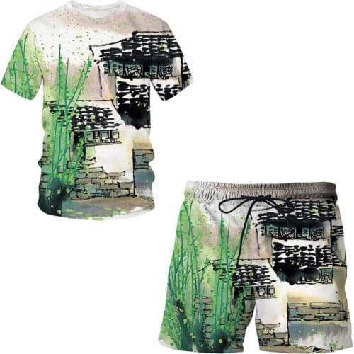 2021 Summer Men T-shirt Set 3d Chinese brush painting Short Sleeve and Sport Pants 2 Pieces Casual Clothes Work Out Running Suit