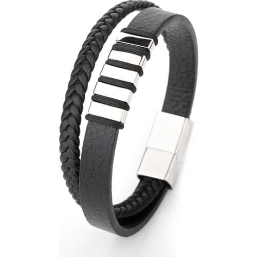 Mens titanium steel leather multilayer braided bracelet magnet buckle square stainless steel leather rope bracelet