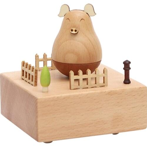 Tumbler Pig Toy Roly-poly Toy Music Box Stem-winding Musical Box Beech Wood Music Box Mechanical Wind-up Toggle Music Gifts