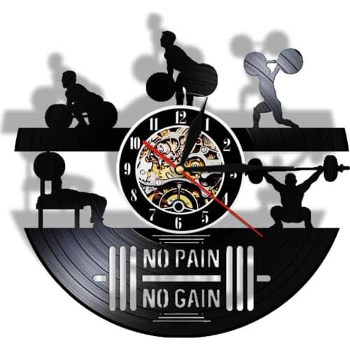 NO PAIN NO GAIN Powerlifting Vinyl CD Disc Wall Clock Weightlifting Fitness Room Wall Decor LED Light Gym Workout Strongman Gift