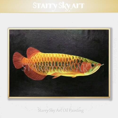 Professional Artist Handmade Luxury Fish Arowana Oil Painting on Canvas Impressionist Fish Golden Fish Painting for Wall Decor