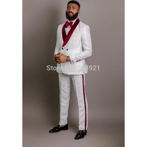 White Pattern Groomsmen Groom Tuxedos Shawl Dark Red Velvet Lapel Men Suits 2 Pieces Wedding Best Man ( Jacket+Pants+Tie ) C602