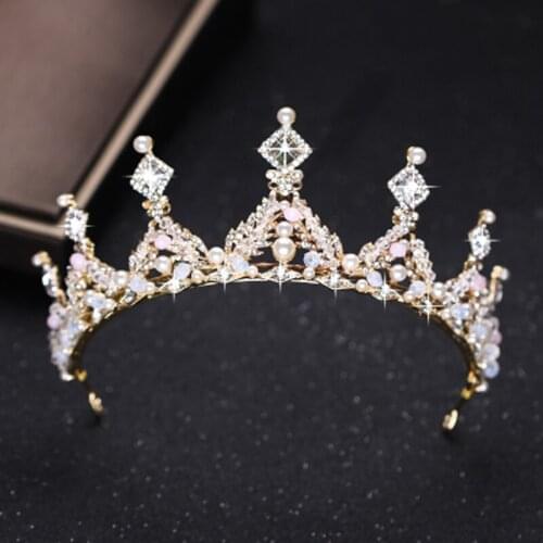 Vintage Baroque Gold Hair Accessories For Women Pearl Crystal Queen Crown Tiara Handmade Bridal Diadem Wedding Hair Jewelry