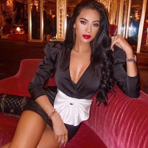 High Quality Autumn Sexy Deep V Neck Full Sleeve Sashes Bow Mini Bandage Dress 2021 Women Sexy Night Club Party Dress