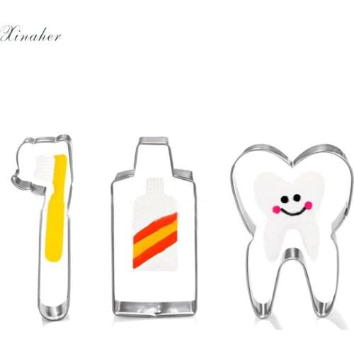 XINAHER 3Pcs/Set Stainless Steel teeth toothpaste toothbrush Shape DIY Cookie Biscuit Mould Cutter Baking Decorating Tools