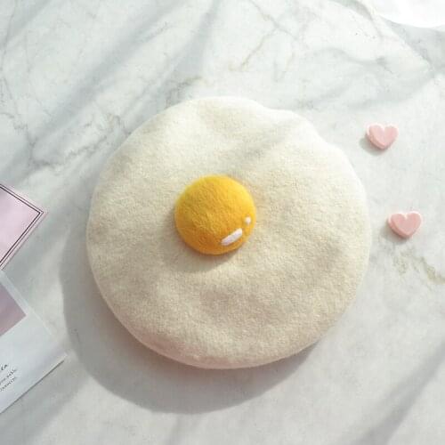 A Eggs-Poached ~ Handmade Wool Felt Cute Japanese-style Yolk Beret Painter Hat Gift Womens Autumn And Winter New