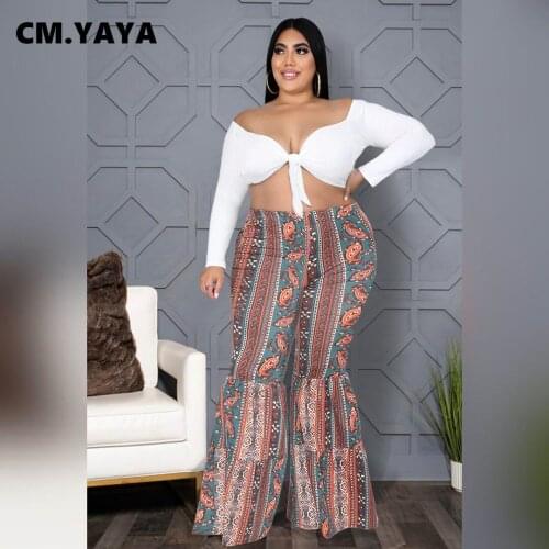 CM.YAYA Women Plus Size Pants Bandanna Paisley Print Elastic Waist Skinny Full Flare Pants Fashion Trousers Autumn 2021