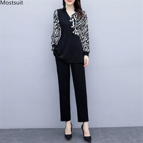 Autumn Fashion Elegant 2 Piece Set For Women 5xl Plus Size Long Sleeve Tunic Print Tops And Elasticity Waist Pants Outfits 2021