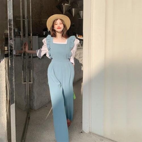 Elegant Wide Leg Jumpsuit Women 2021Summer Korean Lotus Leaf Sleeves Waist Loose Sling Jumpsuit Trousers Split Overalls Playsuit