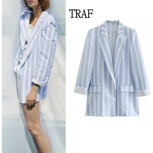 TRAF Za 2021 Blue Stripe Blazer Women Jacket Loose Long Sleeve Top Linen Women Clothing Casual Coat Office Female Blazer Chic