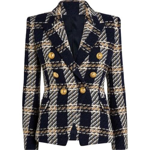 HIGH STREET TOP QUALITY Newest Fashion 2021 Designer Jacket Womens Lion Buttons Double Breasted Plaid Wool Tweed Blazer