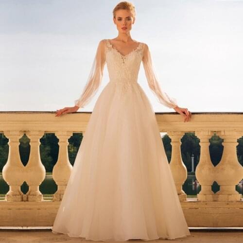 Long Sleeve V Neck Wedding Dress 2021 Wedding Gown Tulle Vestido De Noiva Appliques Backless Bride Dresses Floor Length