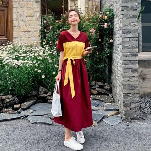 Japanese Style Vintage Kimono Dresses 2021 Summer New Splicing V-Neck Short Sleeve High Waist Slim Yellow Bow Lacing Long Dress