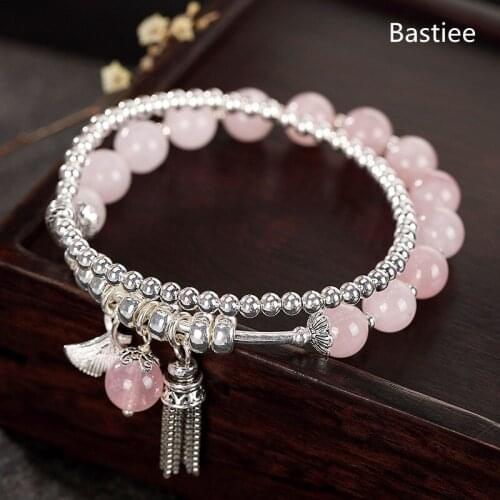Bastiee Natural Stone Pink Crystal Bracelet For Women Tassel Silver 925 Jewelry Bracelets Hmong Jewelry Luxury Beads Gifts