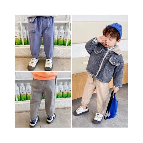Childrens Solid Plus Velvet Casual Cargo Pants 2021 Winter New Boys and Girls Small Pockets Thick Woven Pants Baby Trousers