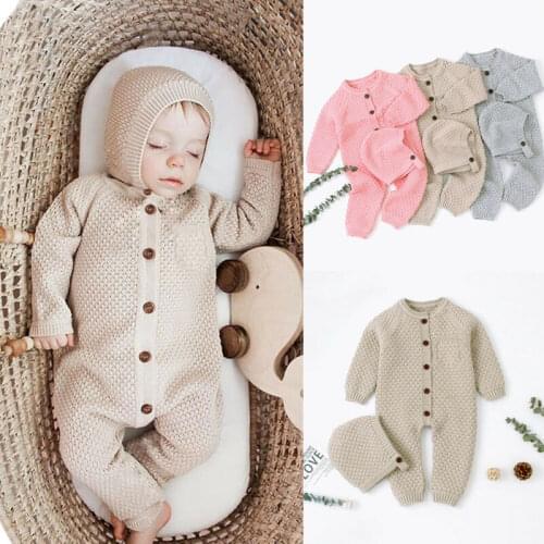 Newbor Baby Girls Boys Knitted Sweater Romper 2021 Autumn Winter Long Sleeve Jumpsuits With Hat Toddler Baby Clothes
