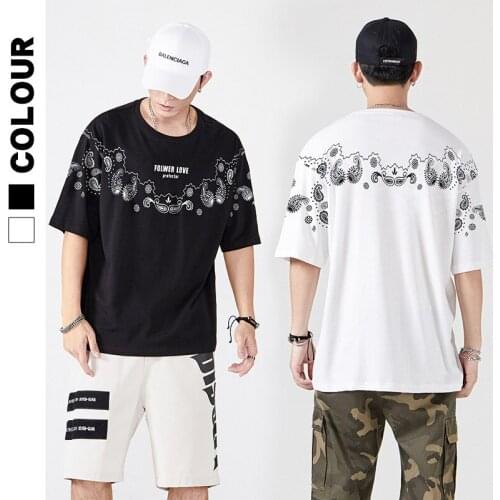Summer mens wear vintage print cashew flower round neck short sleeve T-shirt mens casual high street popular logo hip-hop
