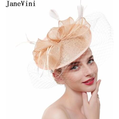 JaneVini Net Feather Wedding Hats for Women Elegant Fashion Church Tea Party Hat Bridal Short Veil Headband Hair Accessories