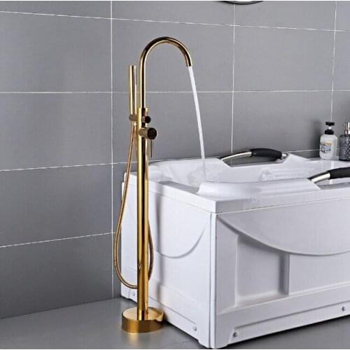Bathtub Faucet Brass Gold Floor Mount Bathroom Faucet Swivel Spout Single Handle Tub Filler Hand Shower Sprayer Mixer Tap