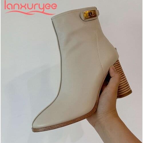 Lanxuryee European style genuine leather round toe high heel winter shoes office lady daily wear simple solid ankle boots L73