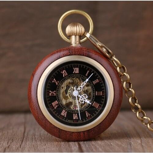 5pcs Retro Steampunk Archaize Wood&Bronze Roman Number Pendant Mechanical Pocket Watch Men Women'Gift