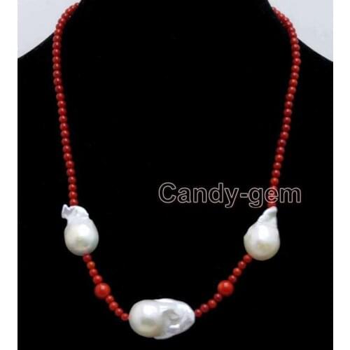 Fashion jewelry 14*25mm White Baroque Nuclear pearl & 3-4mm Red Coral 18'' Necklace