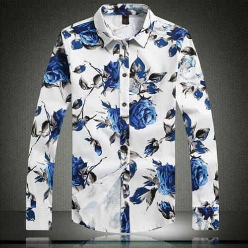 Mens Shirt Long Sleeve Floral Printing Cotton Slim Fit Tops Casual Shirt Chic