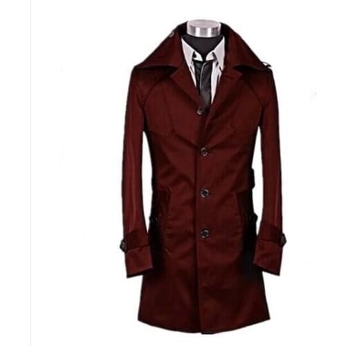 Red wine spring single breasted mens trench coat slim medium-long trench winter coat men plus size dress peacoat 7XL 8XL 9XL