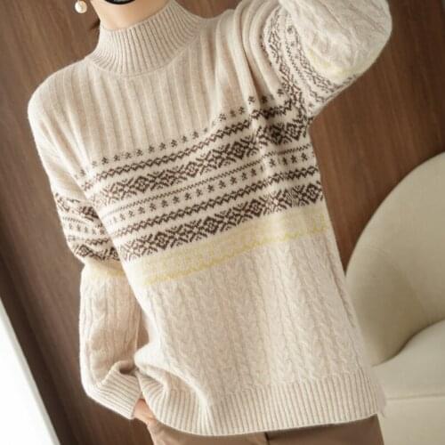 Autumn and winter 2021 semi high neck pure cashmere sweater long sleeve Pullover Sweater womens loose contrast color pit stripe