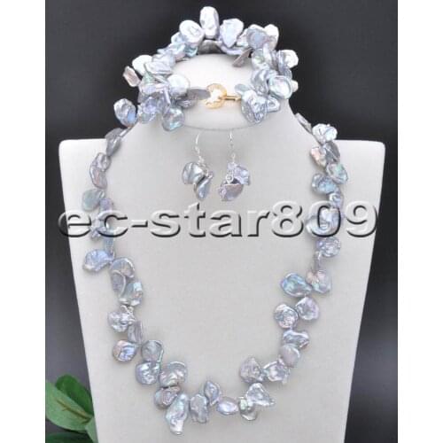 P5731 Set 17" 16mm Gray Lamina-Barqoue KESHI REBORN Pearl Necklace Bracelet Earring