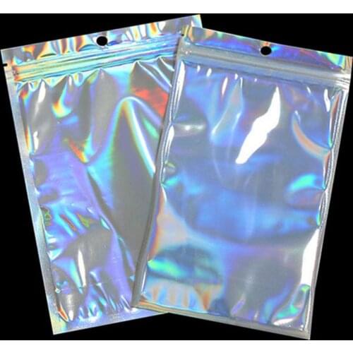 50Pcs/lot Plastic Bag Aluminum Foil Hologram Food Pouch Small Water Proof Zipper Reclosable Pouches Zipper Storage Bags