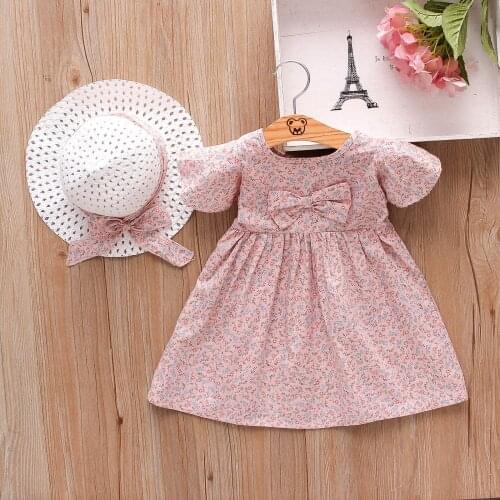 Toddler Baby Girls Short Sleeve Floral Printed Bowknot Princess Dress+hat Outfit Hot Sale Infantil Baby Girl Dress Детское