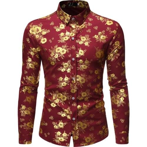Shiny Floral Print Button Up Shirt Men 2021 Luxury Slim Fit Long Sleeve Dress Shirt Mens Party Wedding Prom Tuxedo Shirts Male