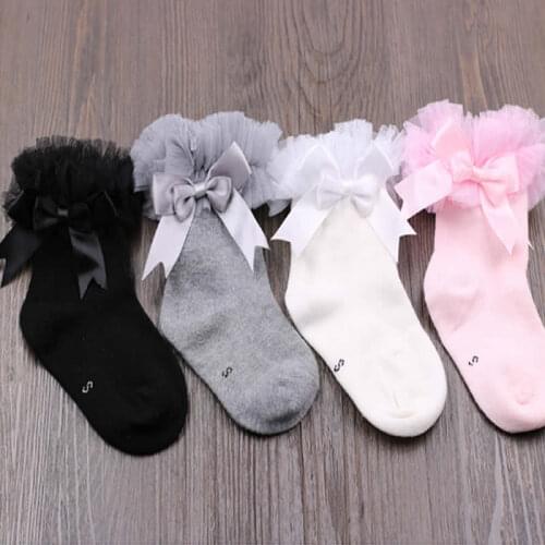 Girls lace spring autumn childrens socks cotton bowknet newborn knee high socks kids princess lace party wear all cotton socks