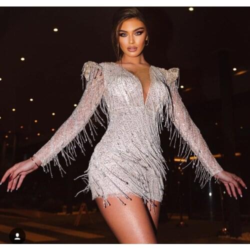 Deep V Neck Sexy Short Prom Dresses Glitter Long Sleeves Tassels Evening Gowns Women Party Dress