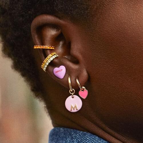 Romantic Amour Enamel Pink Heart Earrings for Women 2020 Korean Cute Round Gold Letter Print Huggie Drop Earrings Jewelry Gift