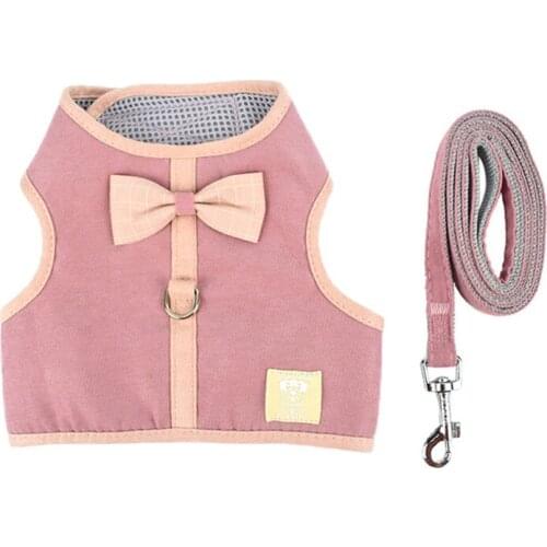 Solid Color Dog Harness Leash Suit Cotton Adjustable Bowknot Breathable Mesh Cat Harnesses For Small Dogs Walking Run Pet Vest