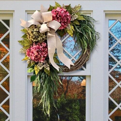 40cm Bow-Knot Hydrangea Wreath Front Door Decor Garlands Summer Spring Wall Hanging Christmas Party Wedding Floral Vine Backdrop