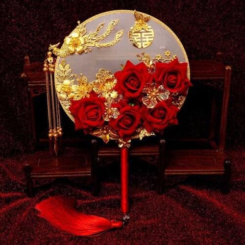 Vintage Wedding Gold Red Bride Bridesmaid Hand Holding Floral Fan Classical Palace Fan Wedding Accessory HR