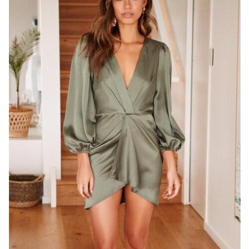 Women Simple Irregular Cross Deep V neck Dresses Autumn Lady Party Short Above Knee Women Dress Beautiful Black/Grey S-XL