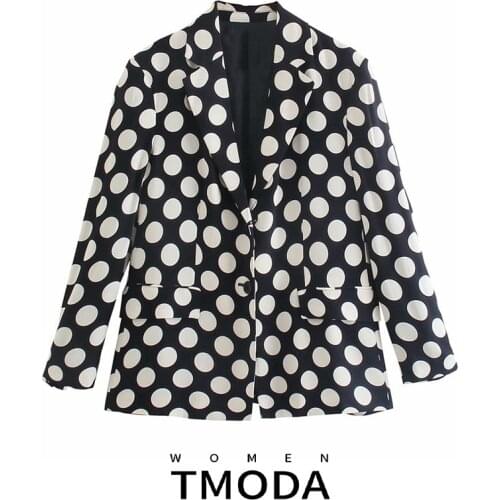 TMODA1926 Za Women 2021 Fashion Polka Dot Oversized Blazer Coat Vintage Long Sleeve Pockets Female Outerwear Chic Veste Femme