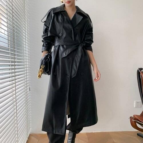 Womens PU Leather Long Trench Lapel Long Sleeve Loose Fit Windbreaker Vogue Tide Autumn Winter Fad Clothes Plaszcze Damskie